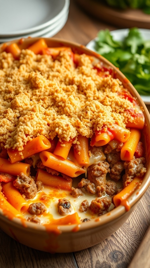 A delicious baked casserole with pasta, meat, and cheese, served on a wooden table with a salad.